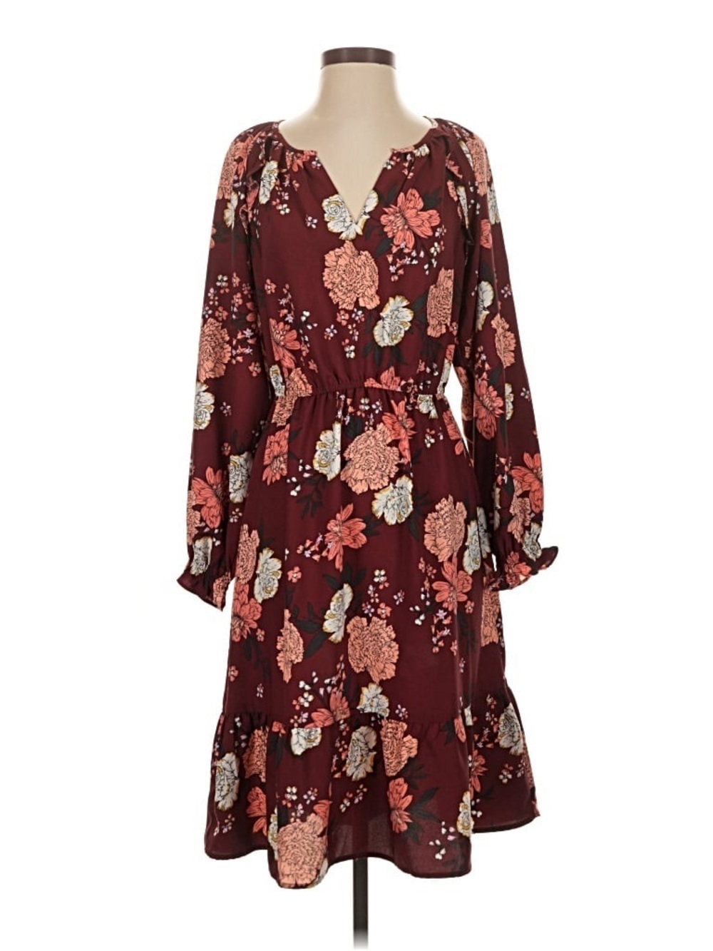 LOFT Maroon Floral Long-Sleeve Midi Dress